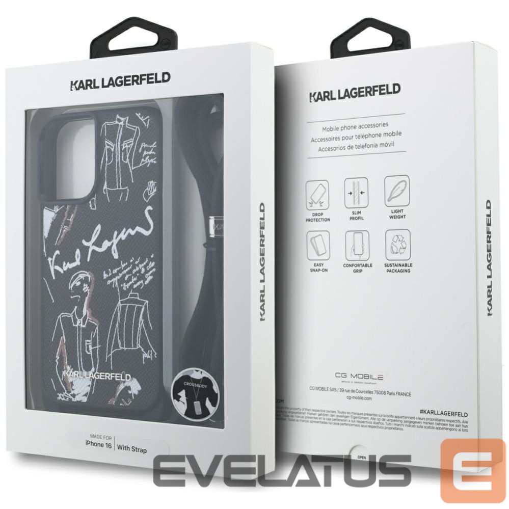 Other goods Karl Lagerfeld Karl Lagerfeld Crossbody Grained Pattern & Logo Case for iPhone 16 - Black