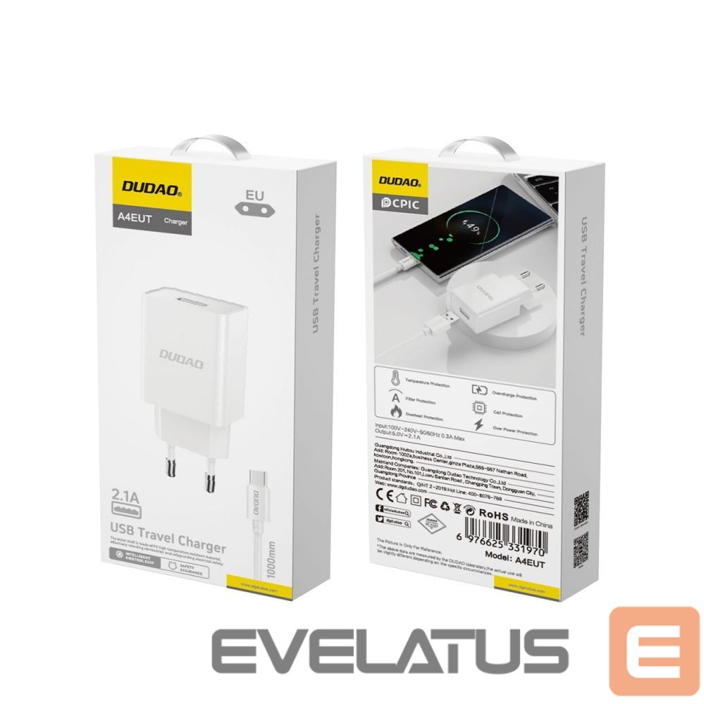 Adapter Dudao Dudao A4EU USB-A 2.1A wall charger - white + USB-A - USB-C cable
