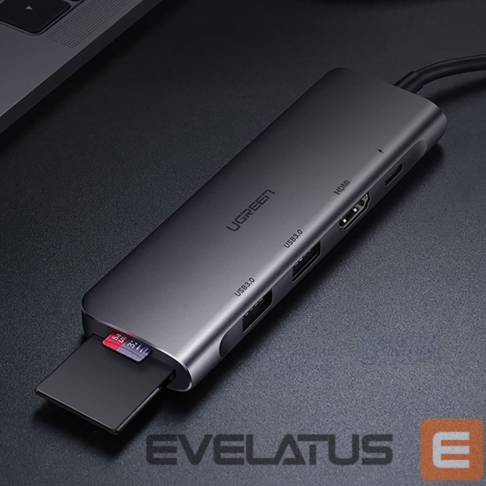 Cable Ugreen Ugreen CM195 6in1 adapter USB-C - HDMI / 2x USB-A 3.0 / USB-C PD / SD / TF reader - gray