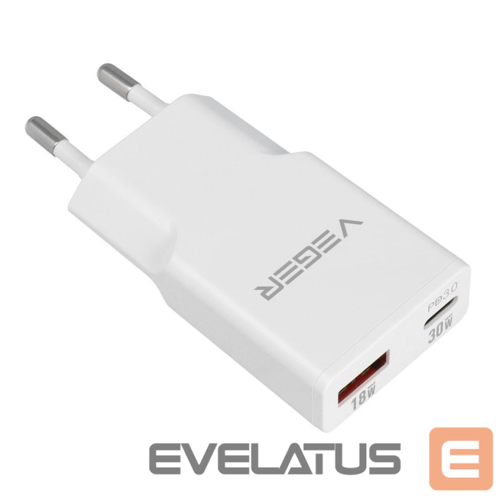 Adapter Veger Phone charger VEGER USB A + USB C QC PD 30W 30W1A1C white