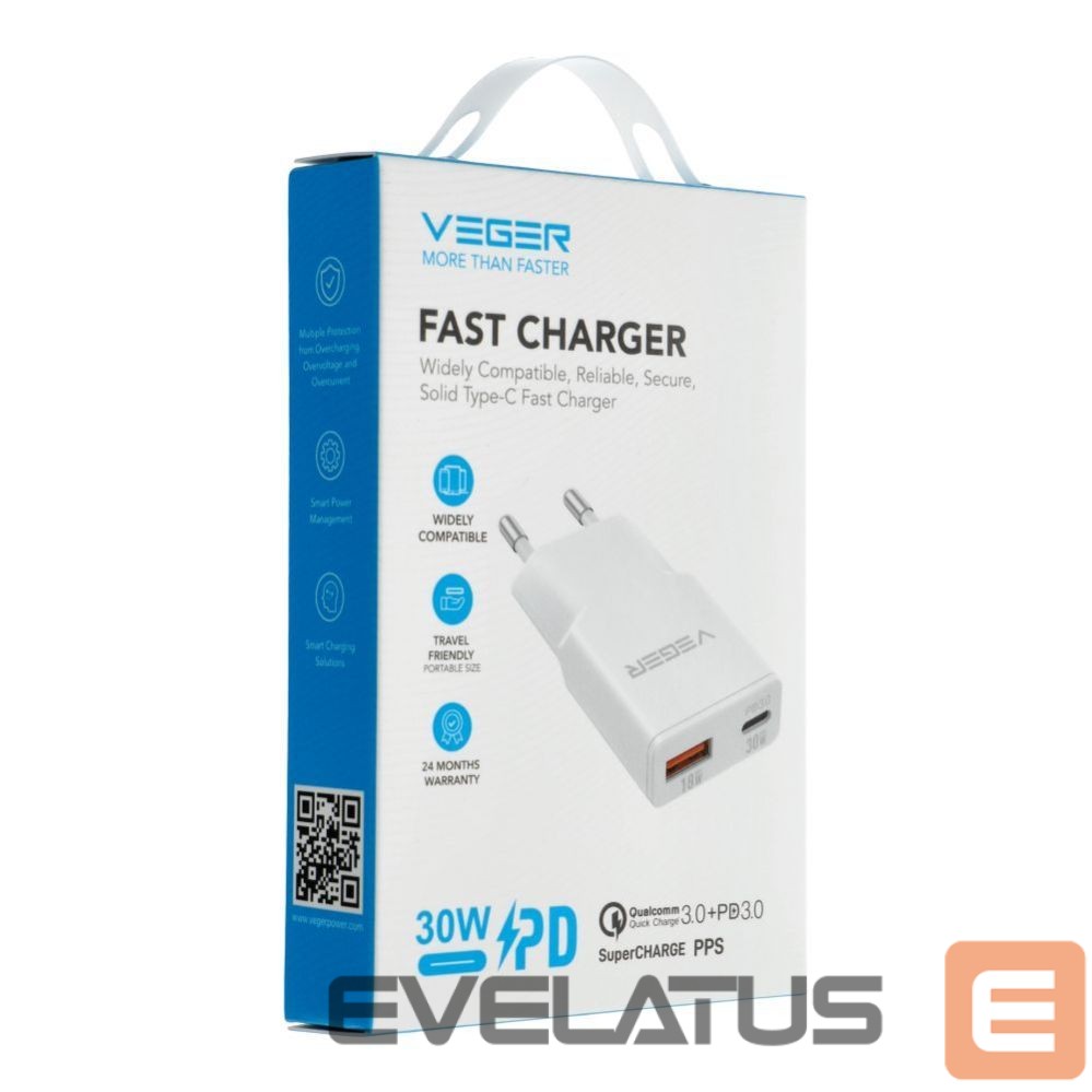 Adapter Veger Phone charger VEGER USB A + USB C QC PD 30W 30W1A1C white