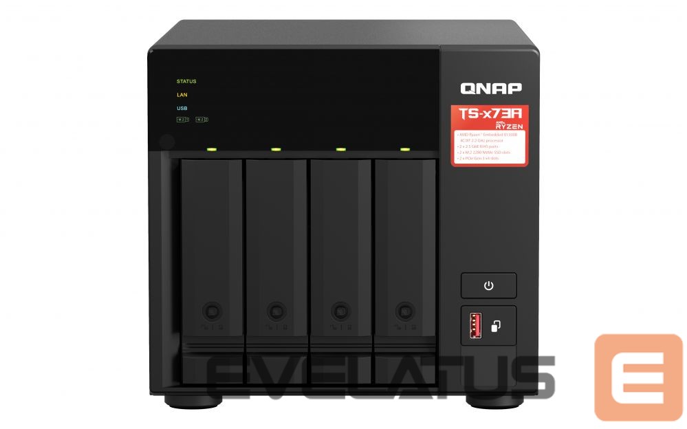 Flash drive QNAP 4-Bay QTS and QuTS hero NAS TS-473A-8G Up to 4 HDD/SSD Hot-Swap, Ryzen V1500B Quad-Core, Processor frequency 2.2 GHz, 8 GB, DDR4, 2x2.5GbE, 3xUSB Type A 3.2 Gen 2, 1xUSB Type C 3.2 Gen 1, 2xPCIe, 2xM.2 2280 PCIe Gen3 x1 slots