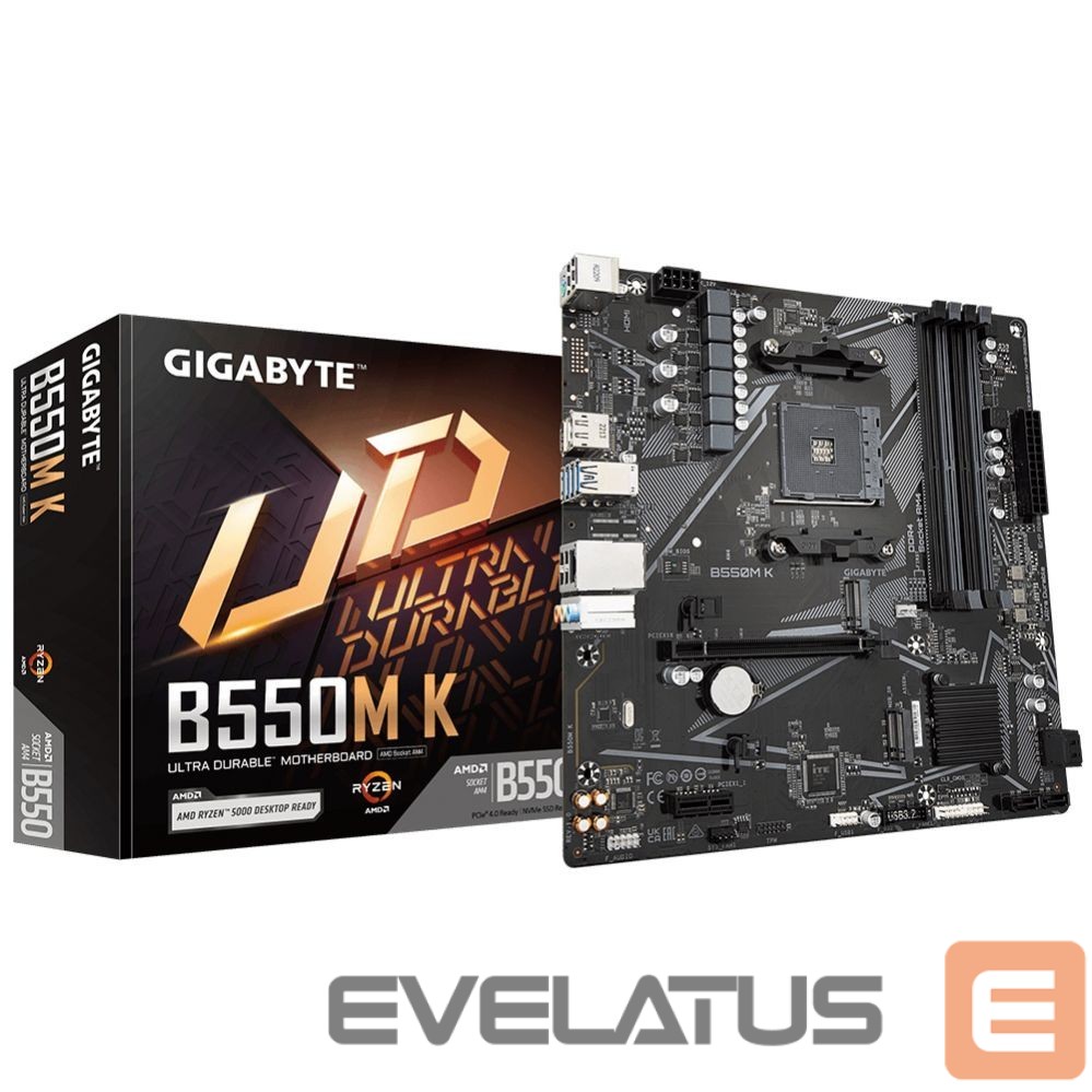 Motherboard for Intel processors Gigabyte B550M K 1.0 M/B Processor family AMD, Processor socket AM4, DDR4 DIMM, Memory slots 4, Supported hard disk drive interfaces SATA, M.2, Number of SATA connectors 4, Chipset AMD B550, Micro ATX