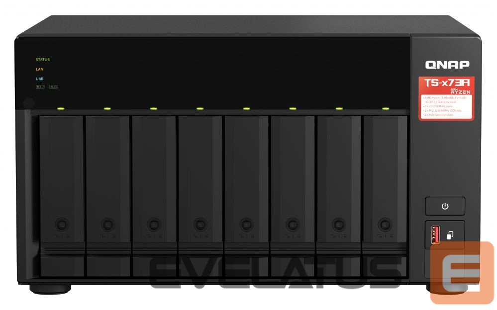 Flash drive QNAP 8-Bay QTS and QuTS hero NAS TS-873A-8G Up to 8 HDD/SSD Hot-Swap, Ryzen V1500B Quad-Core, Processor frequency 2.2 GHz, 8 GB, DDR4, 2x2.5GbE, 3xUSB Type-A 3.2 Gen 2, 1xUSB Type-C 3.2 Gen 1, 2xPCIe, 2xM.2 2280 PCIe Gen3 x1