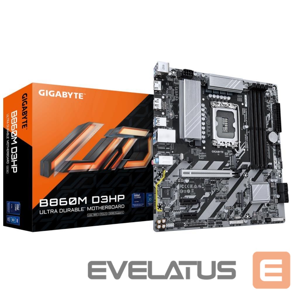 Motherboard for Intel processors Gigabyte Mainboard||Intel B860 Express|LGA1851|Micro-ATX|Memory DDR5|Memory slots 4|2xPCI-Express 1x|1xPCI-Express 16x|2xM.2|1xHDMI|1xDisplayPort|1xAudio-In|1xAudio-Out|1xMicrophone|3xUSB 2.0|3xUSB 3.2|1xPS/2|1xRJ45|B860MD3HP1.0