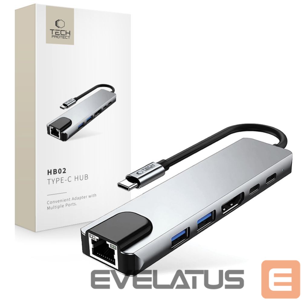 Other goods Tech-Protect Tech-Protect HB02 HUB Adapter 6in1 USB-C + USB2.0 + USB3.0 + HDMI 4K 30Hz + RJ45 + PD100W - gray