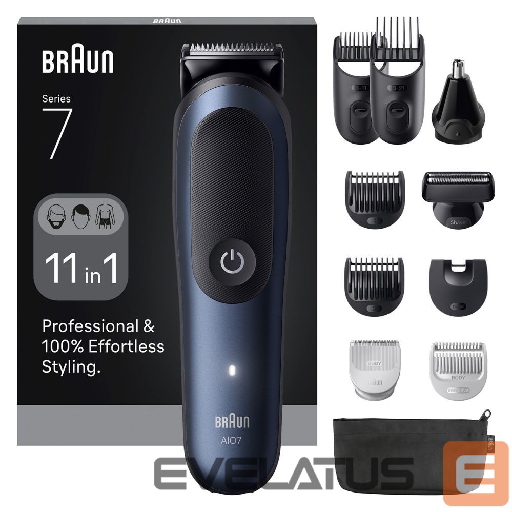 Plaukų kirpimo mašinėlė Braun 11in1 Grooming Kit | All-in-One Series 7 AIO7540 | Cordless | Number of length steps 14 | Black/Blue