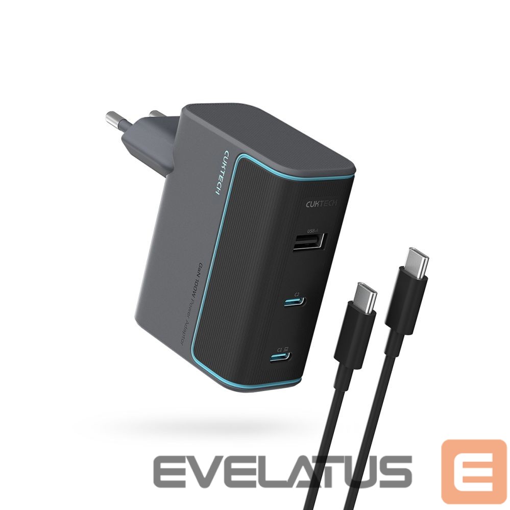 Adapter Cuktech Cuktech CUKAD1003EUG GaN 100W Wall Charger 2 x USB-C 1 x USB-A with USB-C Cable - Gray
