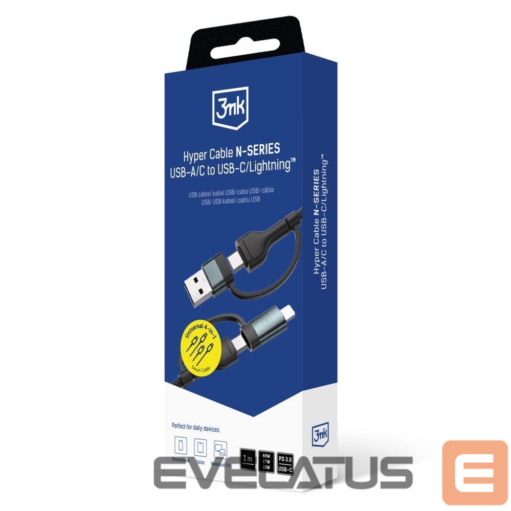 Other goods 3MK 3mk Hyper Cable N-SERIES 2 in 2 USB-A / USB-C and USB-C / Lightning 1.2m QC 3.0 9V/2A 60W - black