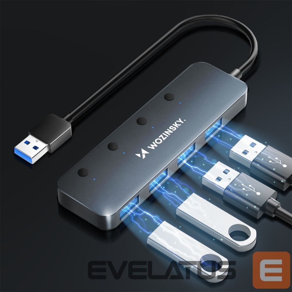 Converter Wozinsky USB-A Hub Wozinsky WHS080YSS 4 x USB-A 3.0 with individual switches, aluminum, with 30 cm cable - gray