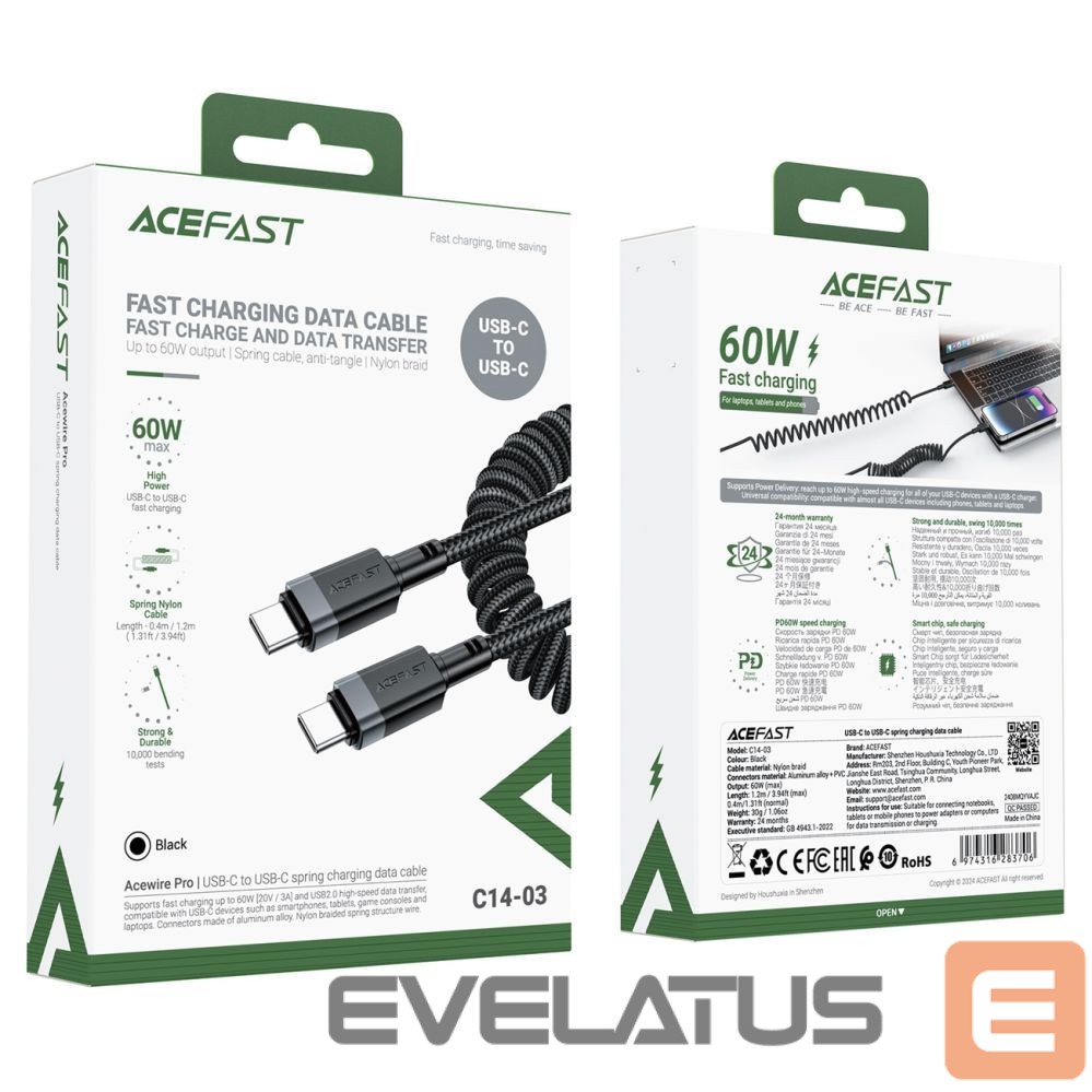 Other goods Acefast Acefast C14-03 USB-C - USB-C Spring Cable 480Mb/s 3A 1.2m - Black
