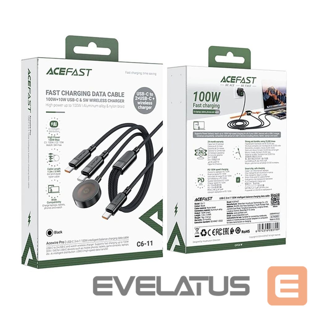 Other goods Acefast Acefast C6-11 USB-C 3in1 Cable - 2x USB-C / Qi 480Mb/s 100W 1.2m - black