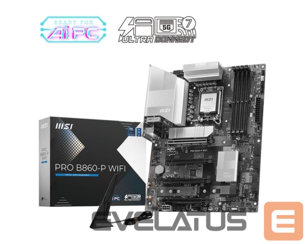 Motherboard for Intel processors MSI Mainboard||Intel B860 Express|LGA1851|ATX|Memory DDR5|Memory slots 4|2xPCI-Express 4.0 1x|1xPCI-Express 4.0 4x |1xPCI-Express 5.0 16x|3xM.2|1xHDMI|1xDisplayPort|8xUSB 2.0|2xUSB 3.2|1xUSB-C|1xRJ45|3xAudio port|1xThunderbolt|PROB860-PWIFI