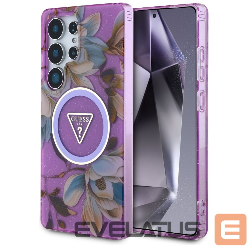 Back panel cover Guess Guess Glitter Flowers Triangle Buttons MagSafe case for Samsung Galaxy S25 Ultra - purple