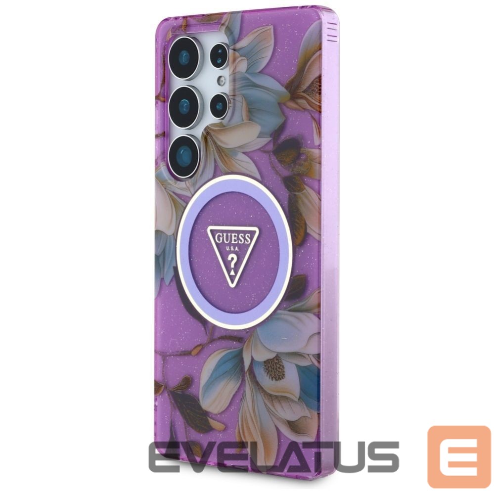 Back panel cover Guess Guess Glitter Flowers Triangle Buttons MagSafe case for Samsung Galaxy S25 Ultra - purple