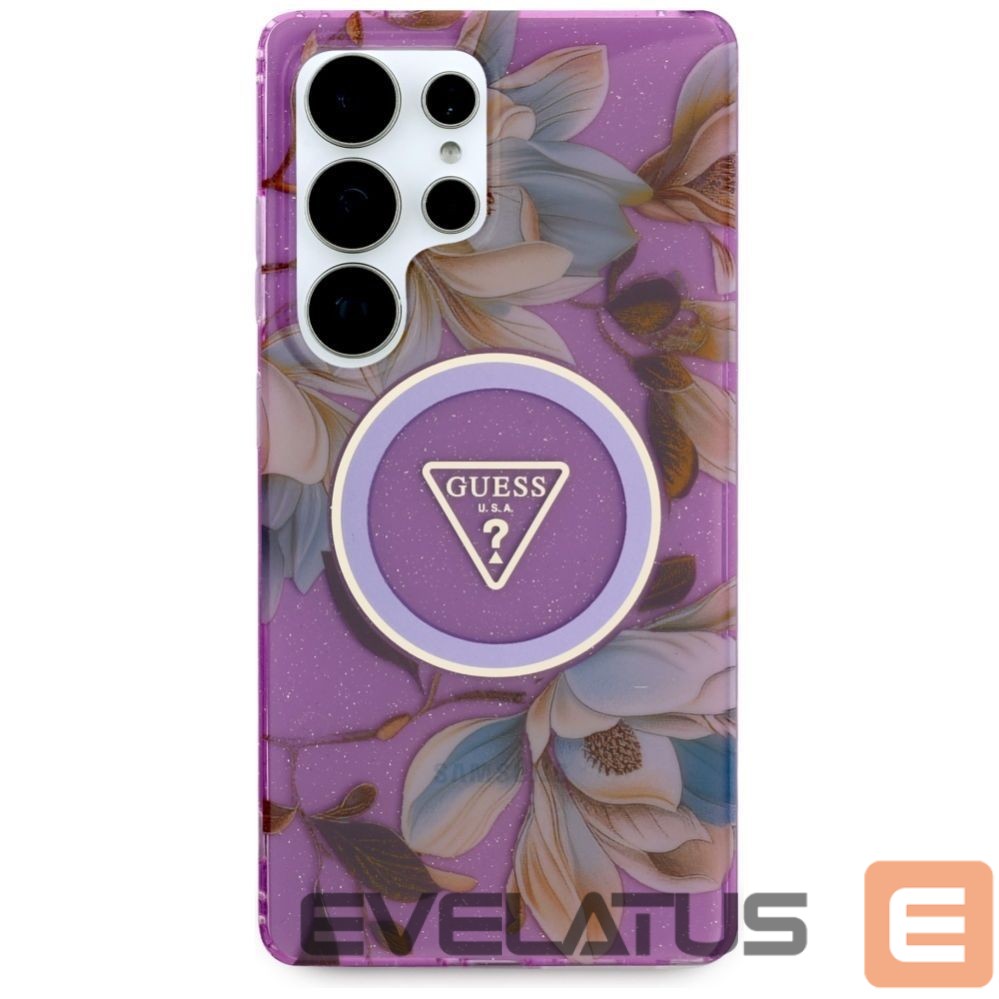 Back panel cover Guess Guess Glitter Flowers Triangle Buttons MagSafe case for Samsung Galaxy S25 Ultra - purple