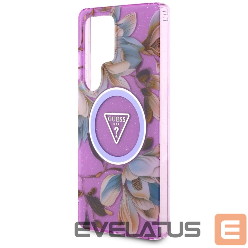 Back panel cover Guess Guess Glitter Flowers Triangle Buttons MagSafe case for Samsung Galaxy S25 Ultra - purple