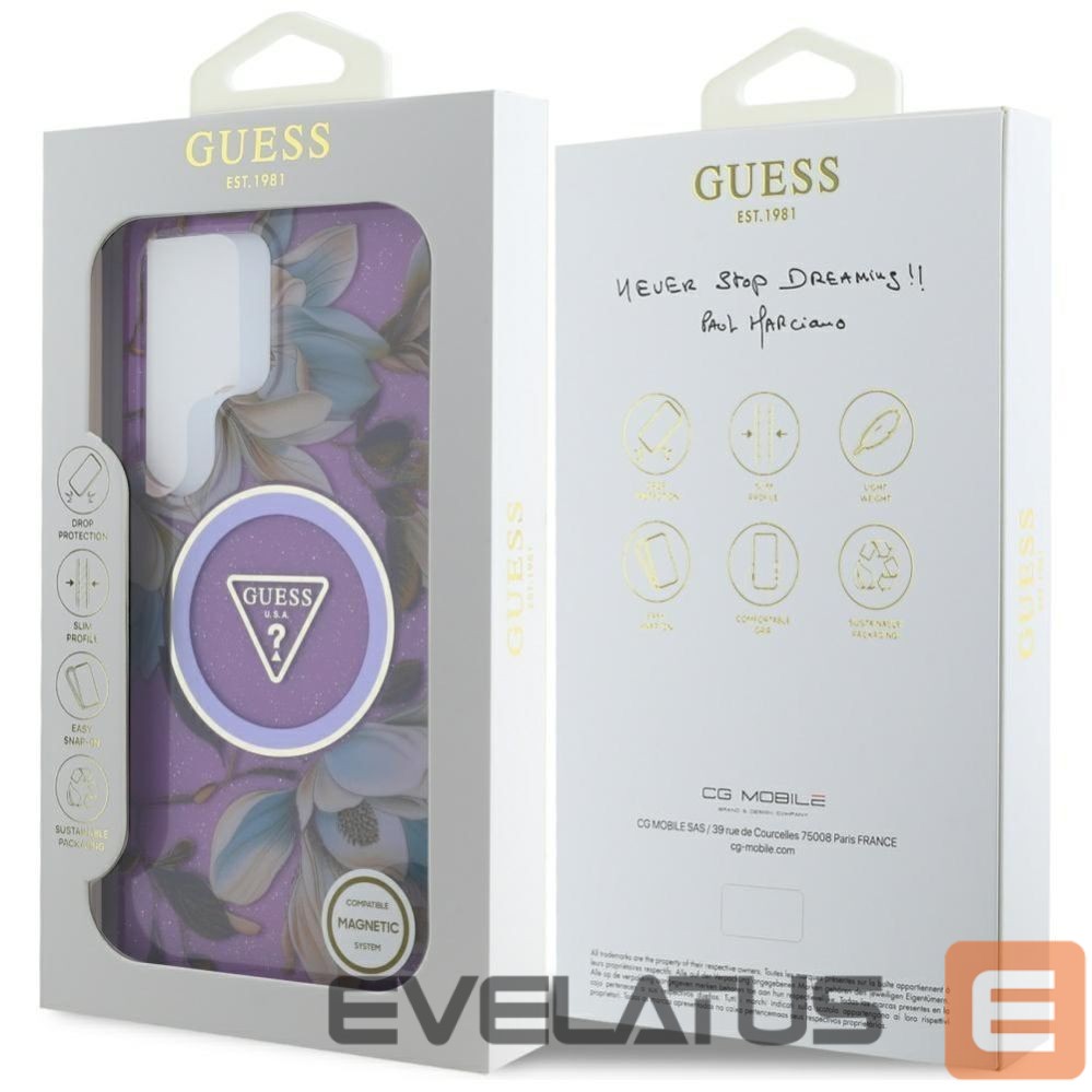 Back panel cover Guess Guess Glitter Flowers Triangle Buttons MagSafe case for Samsung Galaxy S25 Ultra - purple