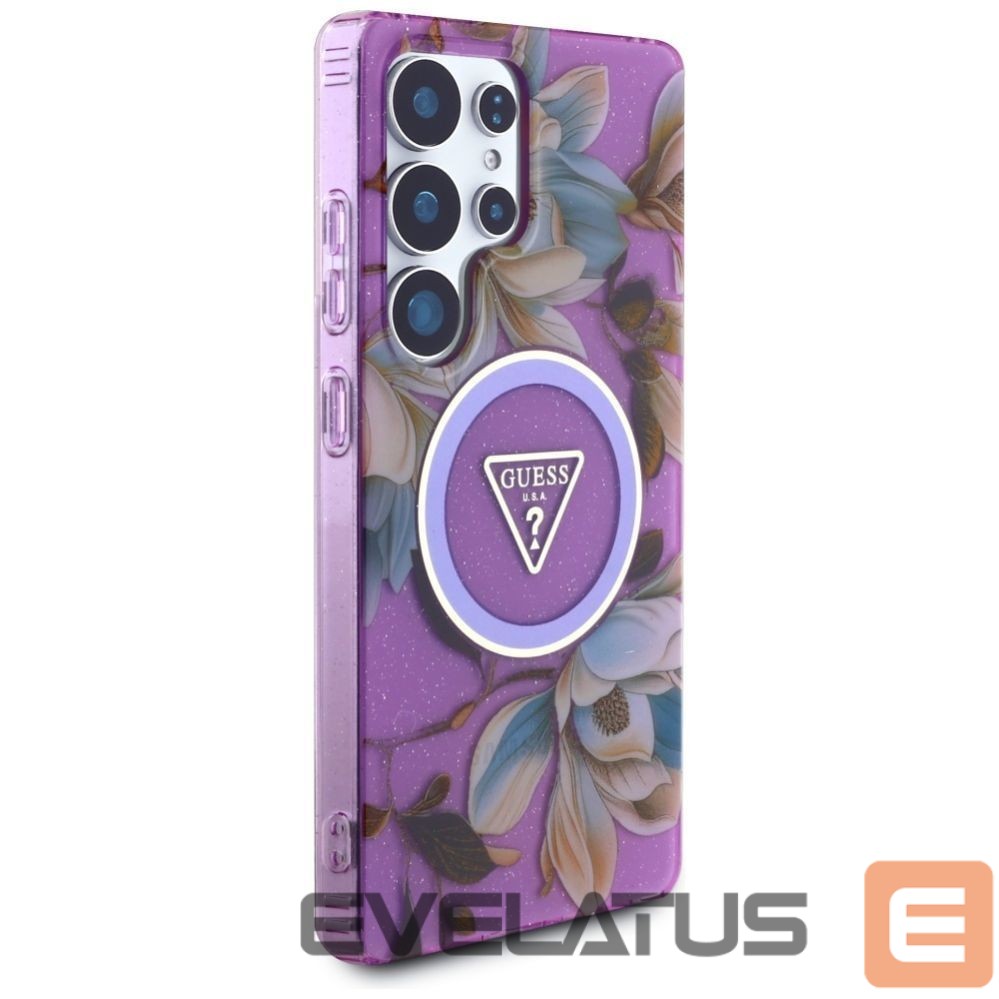 Back panel cover Guess Guess Glitter Flowers Triangle Buttons MagSafe case for Samsung Galaxy S25 Ultra - purple