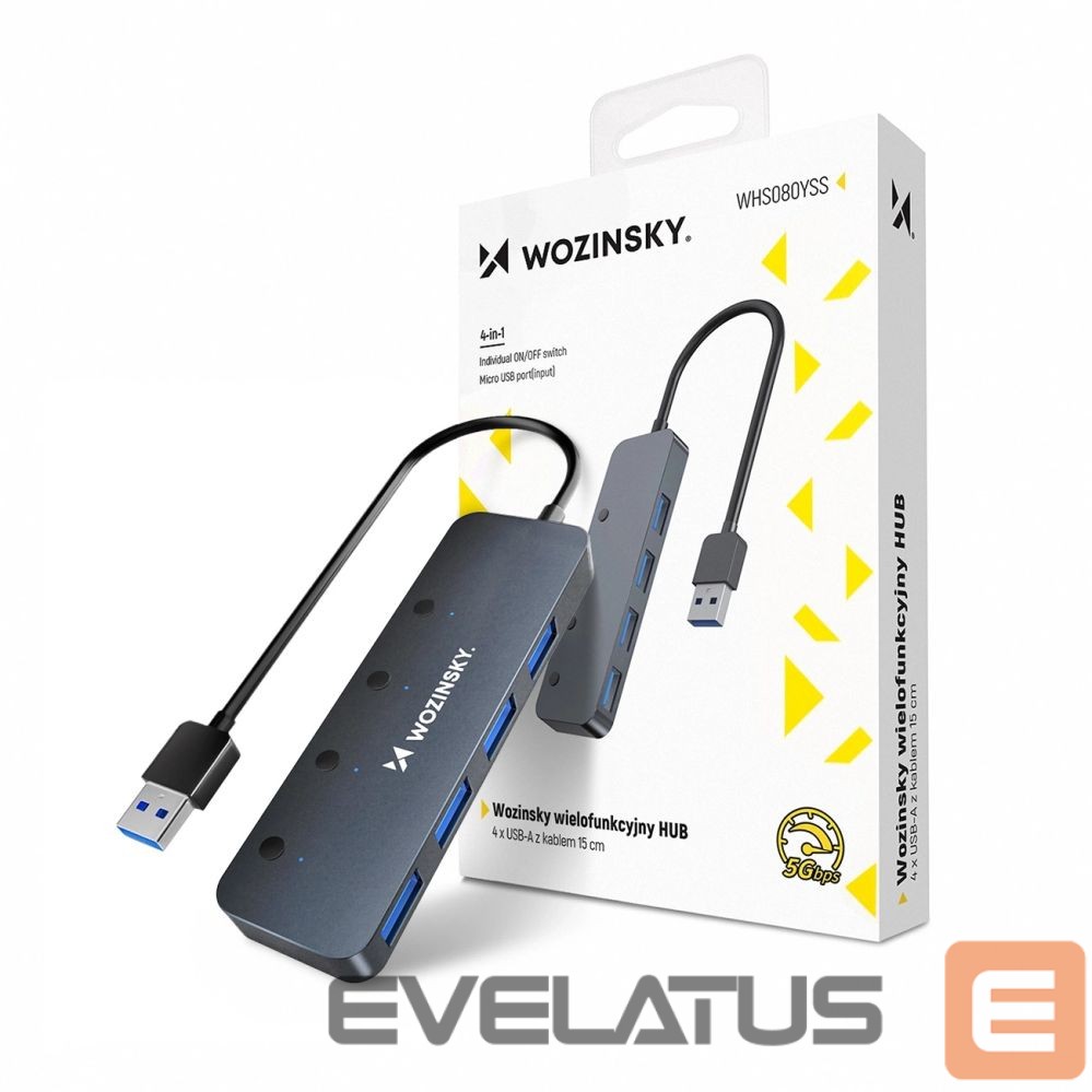 Converter Wozinsky USB-A Hub Wozinsky WHS080YSS 4 x USB-A 3.0 with individual switches, aluminum, with 30 cm cable - gray