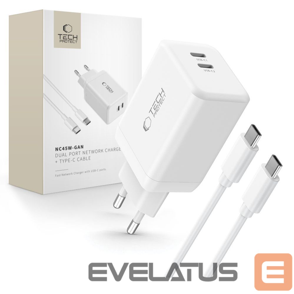 Other goods Tech-Protect Tech-Protect NC45W-GAN 2-PORT PD45W Charger + TYPE-C CABLE - white