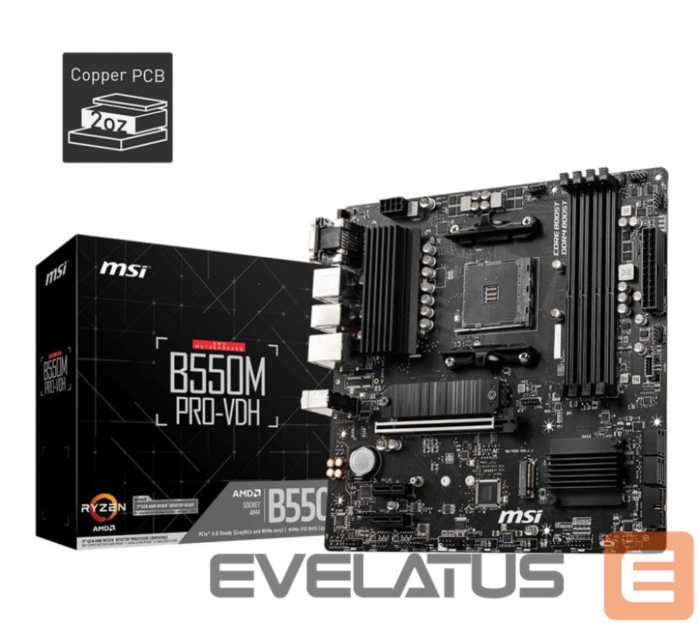 Motherboard for AMD processors MSI Mainboard||AMD B550|SAM4|MicroATX|Memory DDR4|Memory slots 4|2xPCI-Express 3.0 1x|1xPCI-Express 4.0 16x|2xM.2|1x15pin D-sub|1xHDMI|1xDisplayPort|2xAudio-In|1xAudio-Out|2xUSB 2.0|4xUSB 3.2|1xPS/2|1xRJ45|B550MPRO-VDH