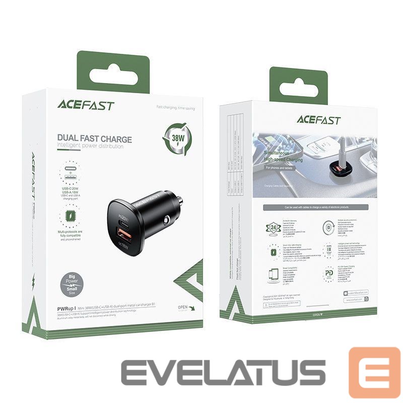 Adapter Acefast Acefast car charger 38W USB Type C / USB, PPS, Power Delivery, Quick Charge 3.0, AFC, FCP black (B1 black)