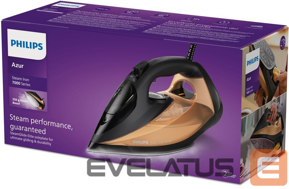 Iron Philips DST7040/80 7000 series | Steam Iron | 2800 W | Water tank capacity 300 ml | Continuous steam 50 g/min | Steam boost performance 250 g/min | Black/Gold