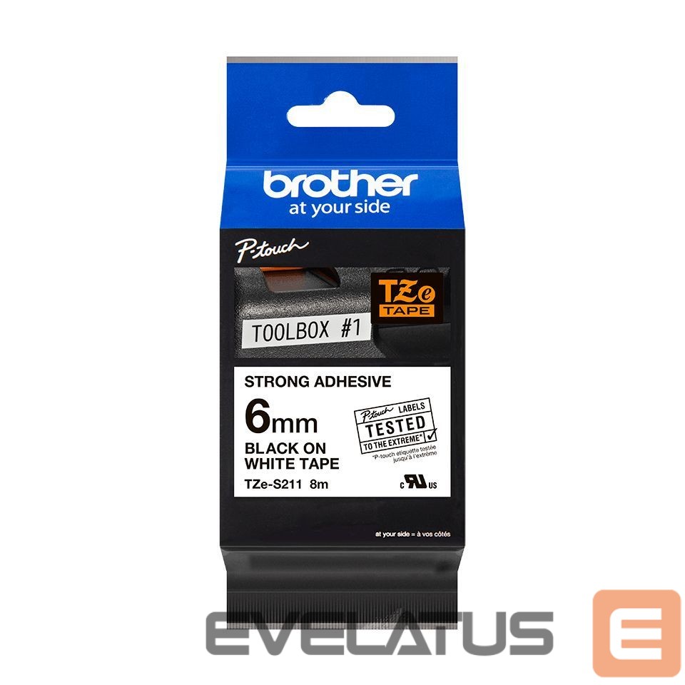 Printer accessories Brother TZe-S211 Strong Adhesive Laminated Tape Black on White, TZe, 8 m, 6 mm