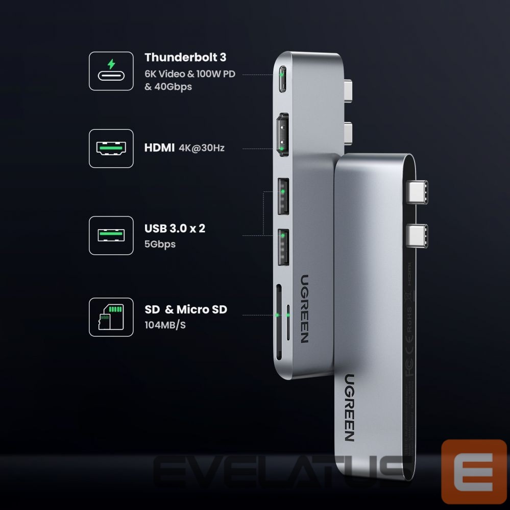 Converter Ugreen HUB Ugreen CM380 2xUSB C - HDMI/2xUSB 3.0/SD TF/USB C PD - gray