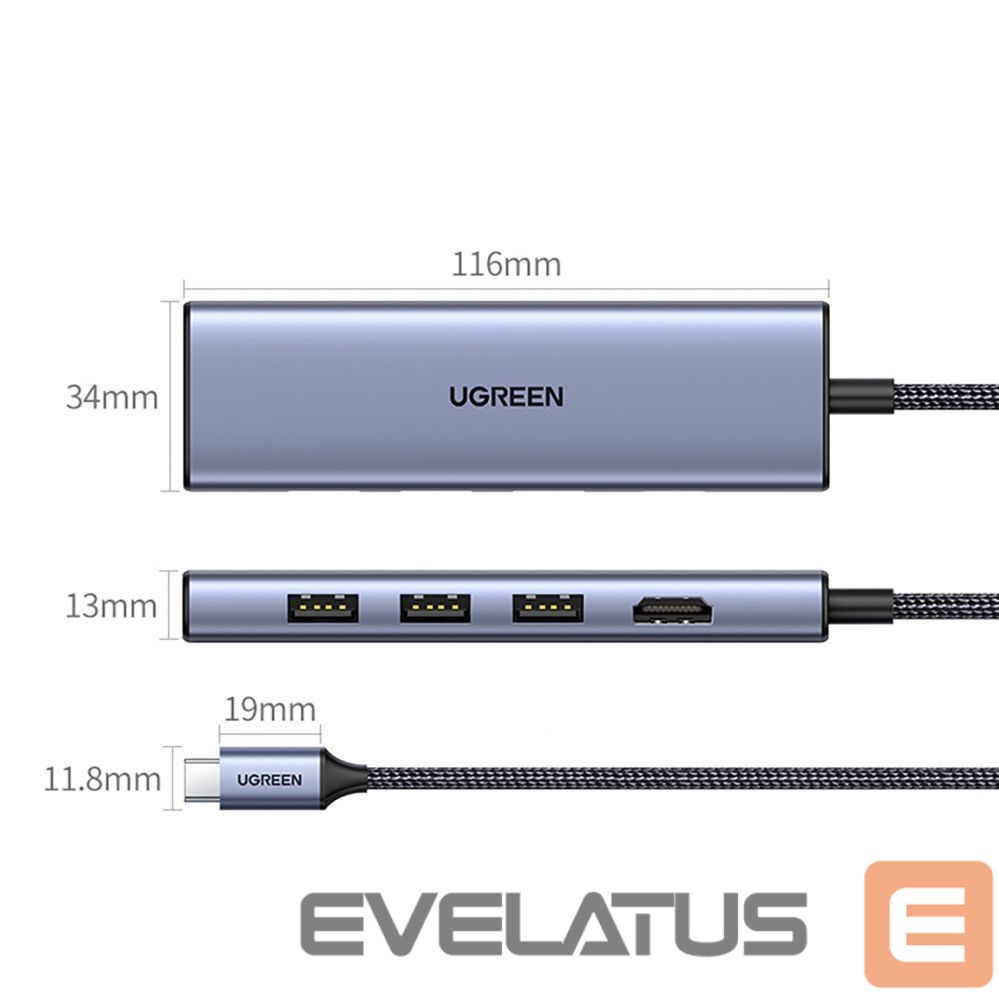 Cable Ugreen HUB Ugreen CM511 20956A 6in1 USB-C - HDMI / 3x USB-A 3.0 / SD/TF card reader - gray