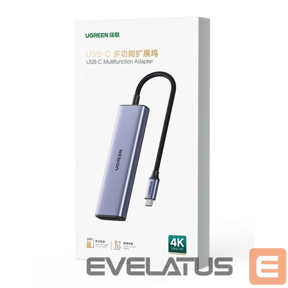 Cable Ugreen HUB Ugreen CM511 20956A 6in1 USB-C - HDMI / 3x USB-A 3.0 / SD/TF card reader - gray