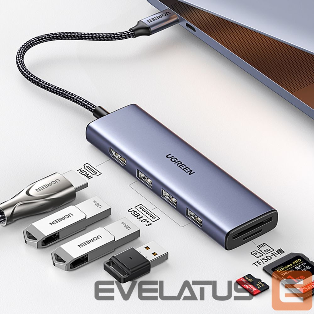 Cable Ugreen HUB Ugreen CM511 20956A 6in1 USB-C - HDMI / 3x USB-A 3.0 / SD/TF card reader - gray
