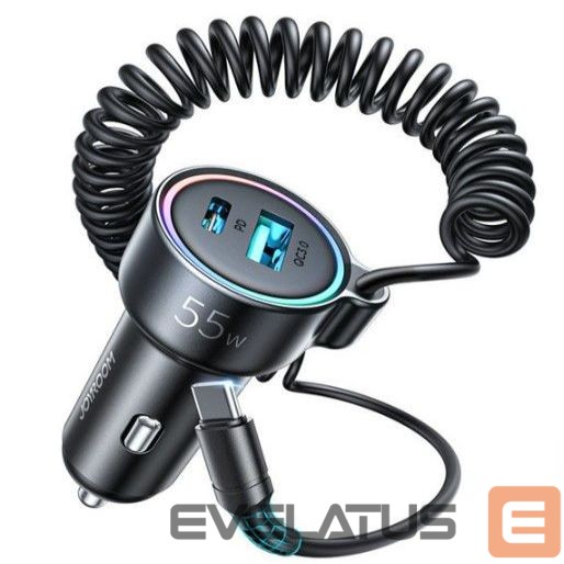 Auto charger Joyroom Fast car charger 3 in 1 with USB Type C cable 1.5m 55W Black