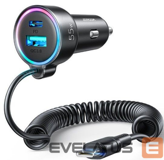Auto charger Joyroom Fast car charger 3 in 1 with USB Type C cable 1.5m 55W Black