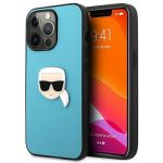 Back panel cover Karl Lagerfeld  Karl Lagerfeld KLHCP13XPKMB iPhone 13 Pro Max 6,7" niebieski/blue hardcase Leather Ikonik Karl`s Head Metal 
