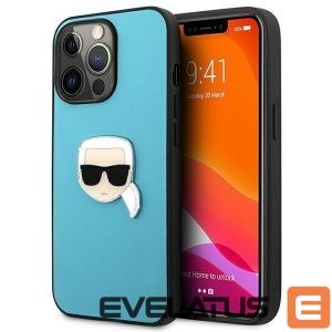 Back panel cover Karl Lagerfeld  Karl Lagerfeld KLHCP13XPKMB iPhone 13 Pro Max 6,7" niebieski/blue hardcase Leather Ikonik Karl`s Head Metal 