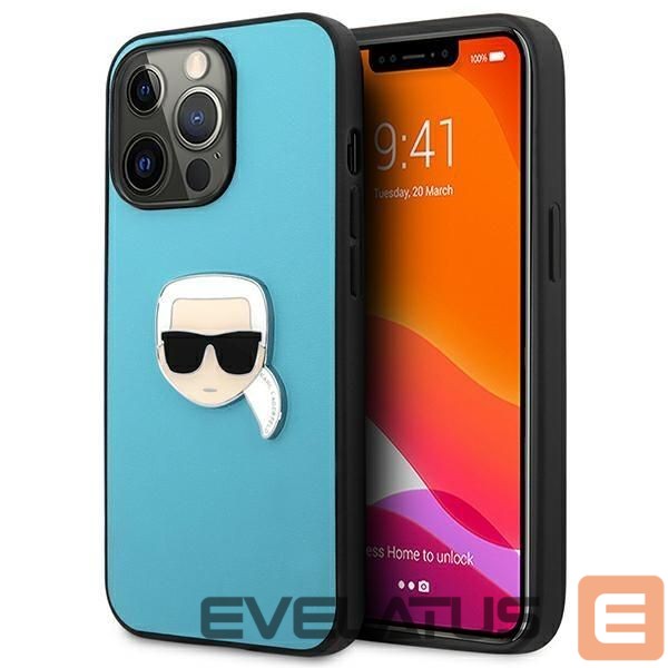 Back panel cover Karl Lagerfeld Karl Lagerfeld KLHCP13XPKMB iPhone 13 Pro Max 6,7" niebieski/blue hardcase Leather Ikonik Karl`s Head Metal