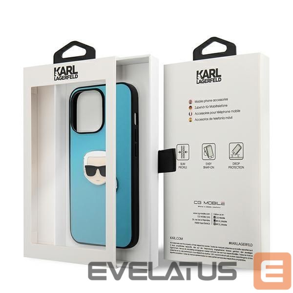 Back panel cover Karl Lagerfeld Karl Lagerfeld KLHCP13XPKMB iPhone 13 Pro Max 6,7" niebieski/blue hardcase Leather Ikonik Karl`s Head Metal