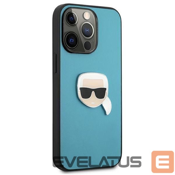 Back panel cover Karl Lagerfeld Karl Lagerfeld KLHCP13XPKMB iPhone 13 Pro Max 6,7" niebieski/blue hardcase Leather Ikonik Karl`s Head Metal