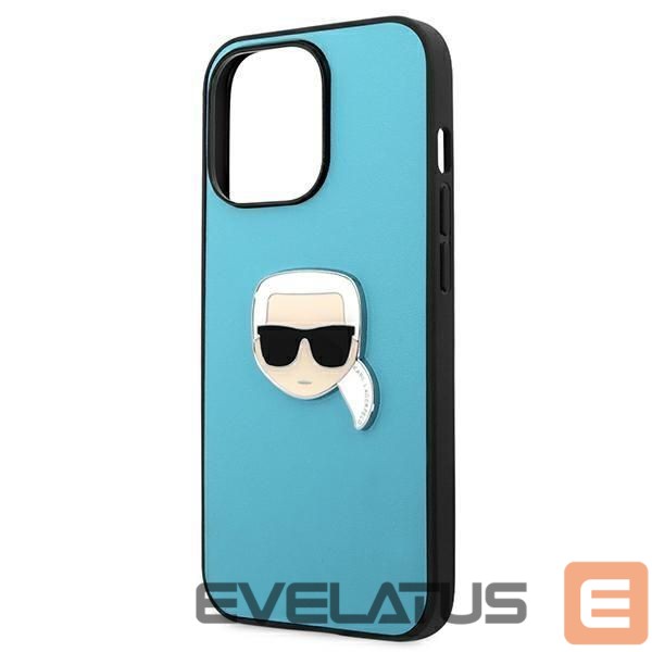 Back panel cover Karl Lagerfeld Karl Lagerfeld KLHCP13XPKMB iPhone 13 Pro Max 6,7" niebieski/blue hardcase Leather Ikonik Karl`s Head Metal