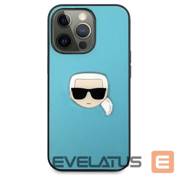 Back panel cover Karl Lagerfeld Karl Lagerfeld KLHCP13XPKMB iPhone 13 Pro Max 6,7" niebieski/blue hardcase Leather Ikonik Karl`s Head Metal