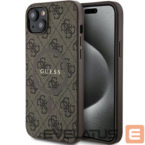 Back panel cover Guess Guess 4G Collection Leather Metal Logo MagSafe Case for iPhone 15 Plus / 14 Plus - Brown