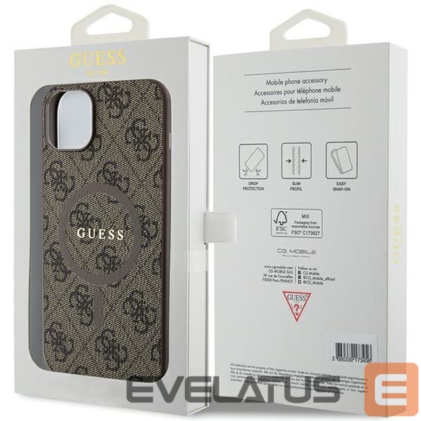 Back panel cover Guess Guess 4G Collection Leather Metal Logo MagSafe Case for iPhone 15 Plus / 14 Plus - Brown