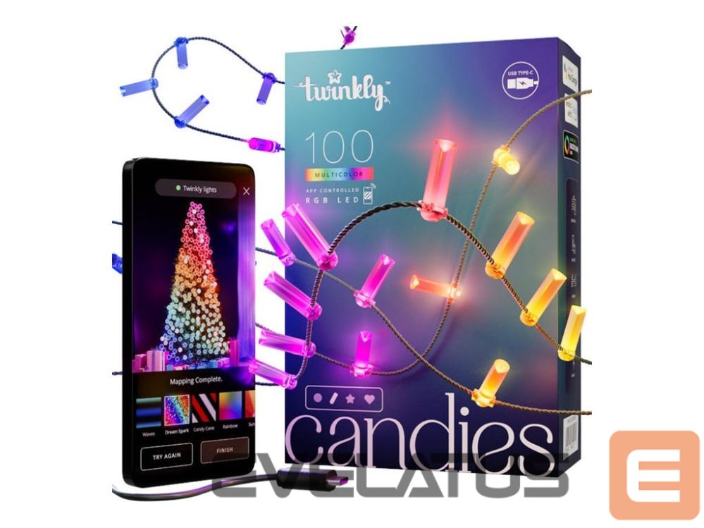 Lightings twinkly Candies 100 Candle-shaped RGB LEDs, Clear Wire, USB-C