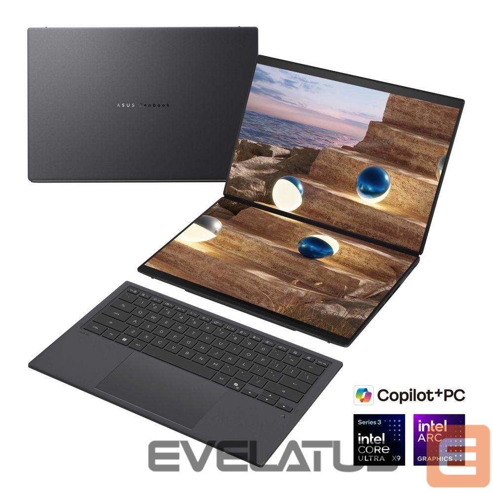 Laptop computer Asus | Zenbook Duo UX8407AA-SN066W | Moher Gray | 14 " | OLED | Touchscreen | 2.8K | 2880 x 1800 pixels | 144 Hz | Anti-Reflective | Intel Core Ultra X9 | 378H | 32 GB | LPDDR5X | Solid-state drive capacity 2000 GB | Intel Arc Graphics | Windows 11 Pro | 802.11be | Bluetooth version 5.4 | Keyboard language US international | Keyboard backlit | Warranty 24 month(s) | Battery warranty 12 month(s)