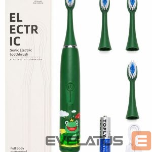 Toothbrush iLike  Kids Sonic Electric Toothbrush, Waterproof, 5 Brush Heads (1+4 Replacement Heads), Battery Powered, Soft Bristles, Green Frog Design Green