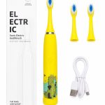 Toothbrush iLike  Kids Rechargeable Sonic Electric Toothbrush, USB Charging, 3 Brush Heads (1+2 Replacement Heads), Soft Bristles, Waterproof, Yellow Crocodile Design Yellow