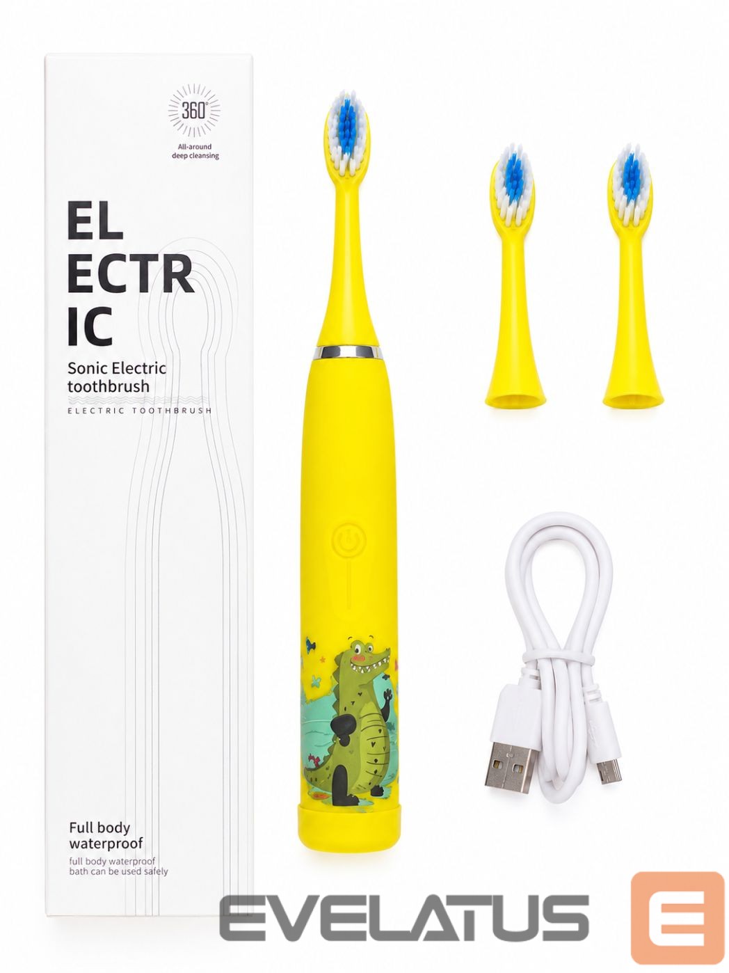 Toothbrush iLike Kids Rechargeable Sonic Electric Toothbrush, USB Charging, 3 Brush Heads (1+2 Replacement Heads), Soft Bristles, Waterproof, Yellow Crocodile Design Yellow
