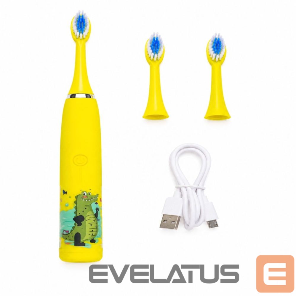 Toothbrush iLike Kids Rechargeable Sonic Electric Toothbrush, USB Charging, 3 Brush Heads (1+2 Replacement Heads), Soft Bristles, Waterproof, Yellow Crocodile Design Yellow